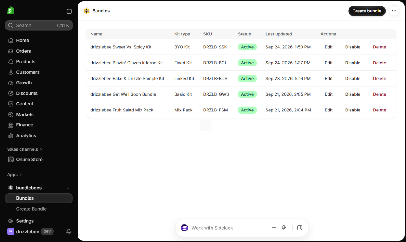 Bundles page in the Shopify admin listing five bundles