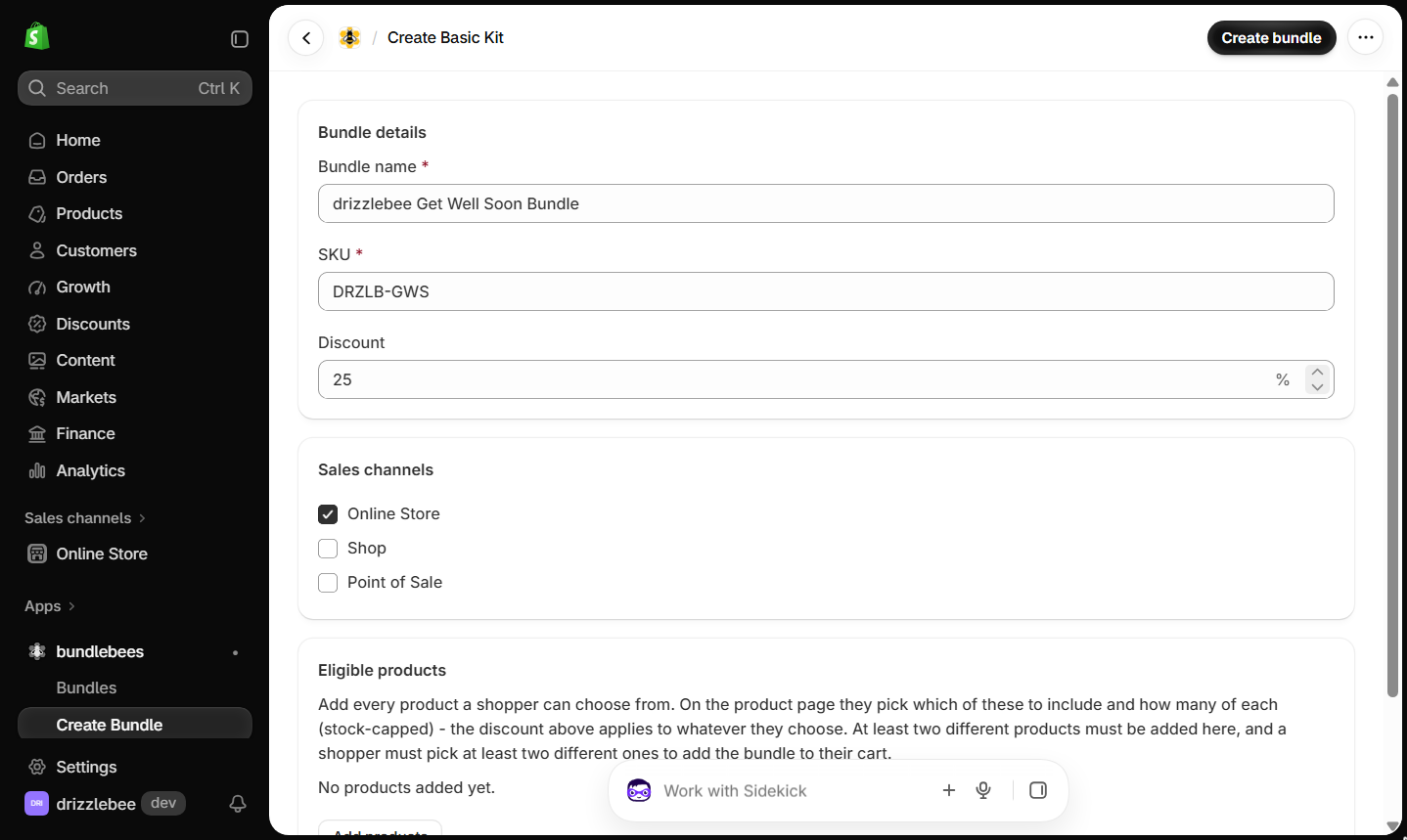 Create Basic Kit form with bundle name, SKU, discount and sales channels filled in