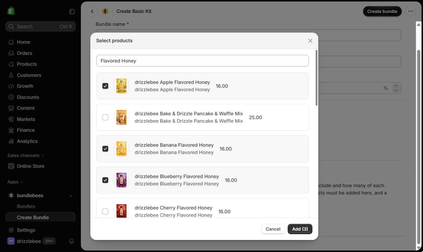 Select products picker with three flavored honeys ticked