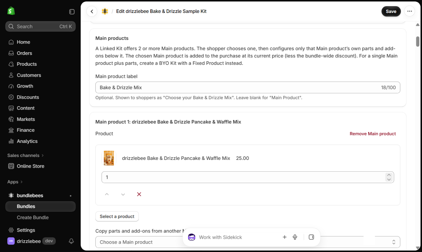 Linked Kit with a main product label and the first main product