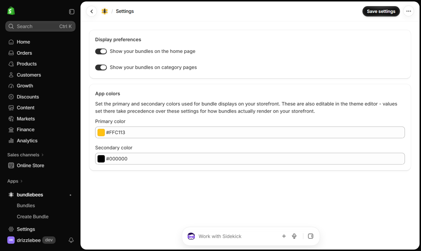 Bundlebees Settings page with display preferences and app colors